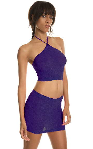 Metallic black mini skirt and matching halter top.